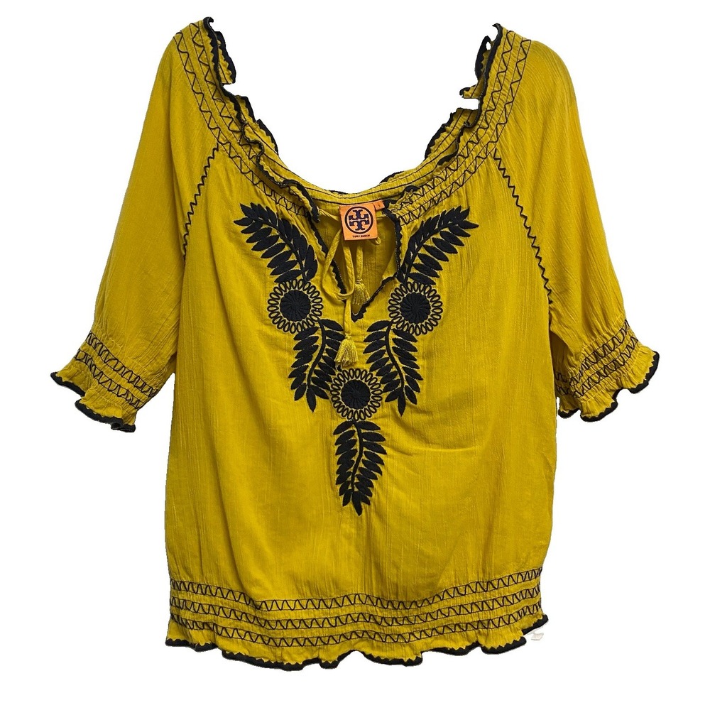 TORY BURCH Yellow&Blue Shirt Embroidered Tunic Top Oversized On/Off Shoulder-S